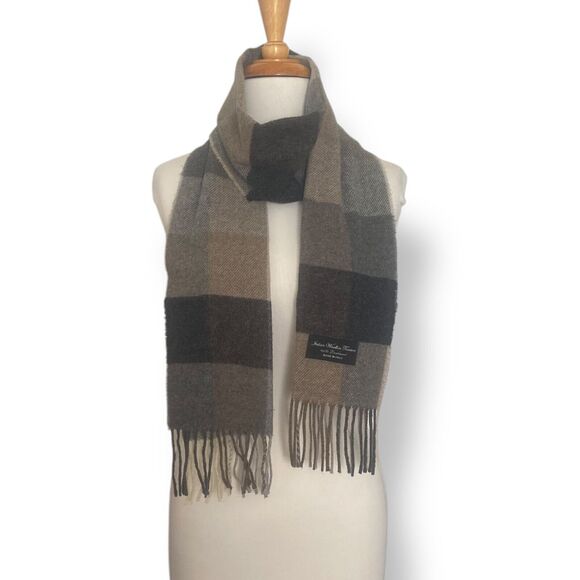 Italian Woolen Treasures Wool Scarf Shawl Pure Lambswool Brown Grey Check Unisex - Picture 3 of 8